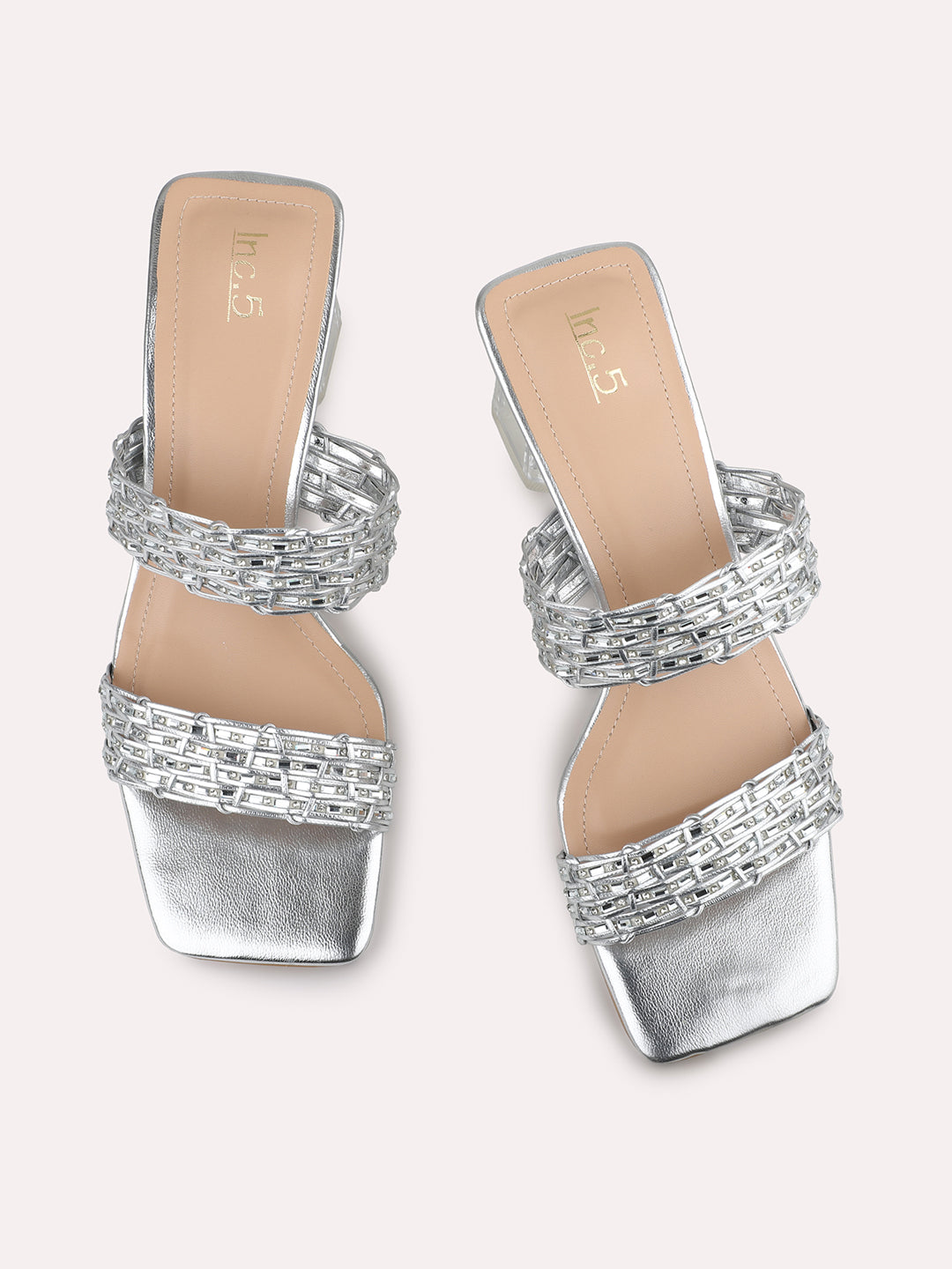 Women Silver Textured Embellished Block Heels