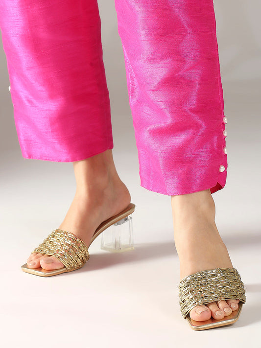 Women Gold Textured Embellished Open Toe Slim Heels