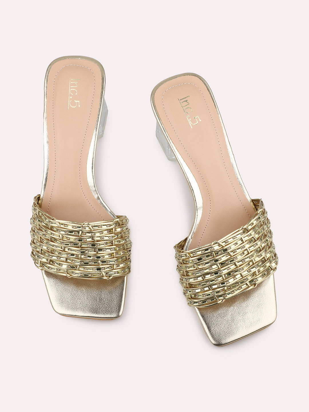 Women Gold Textured Embellished Open Toe Slim Heels