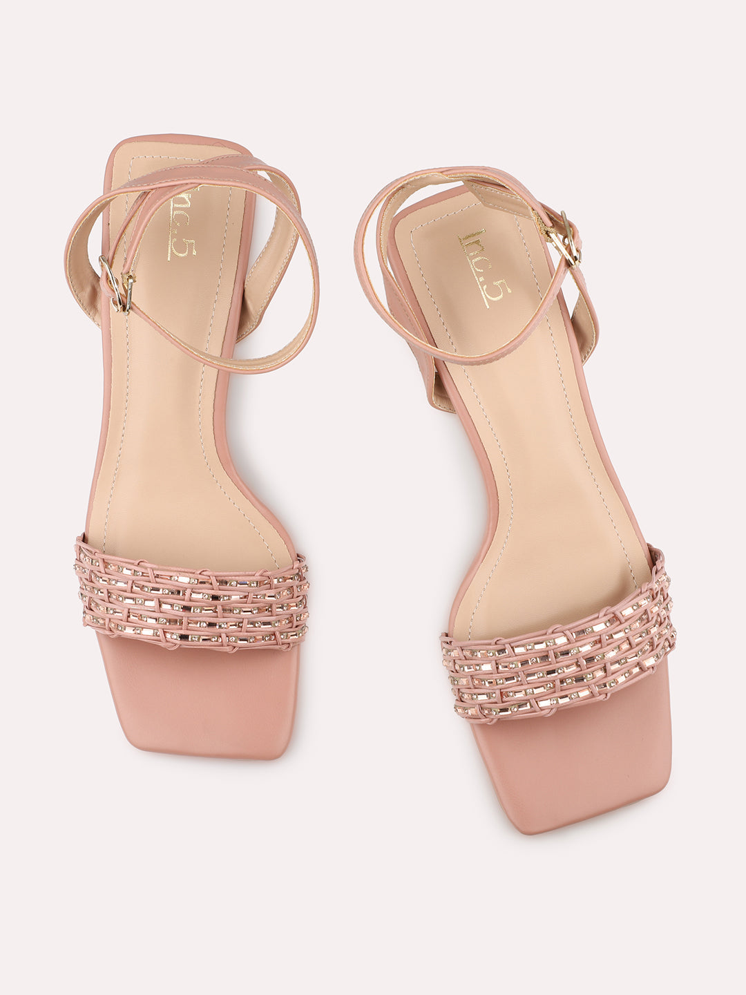 Women Peach Embellished Transparent Open Block Heels With Ankle Loop