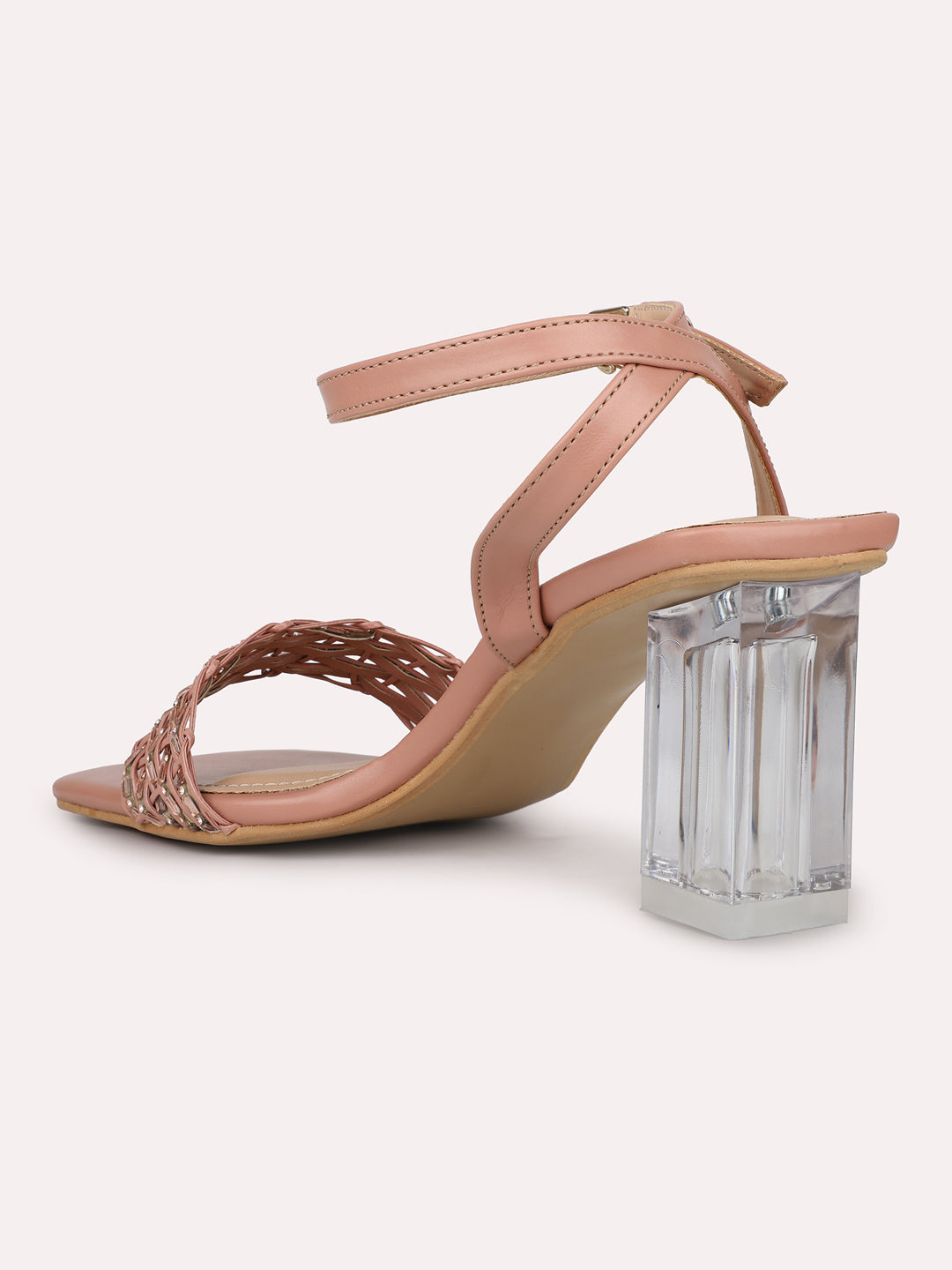 Women Peach Embellished Transparent Open Block Heels With Ankle Loop