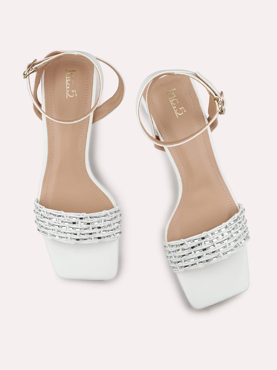 Women White Embellished Transparent Open Block Heels With Ankle Loop