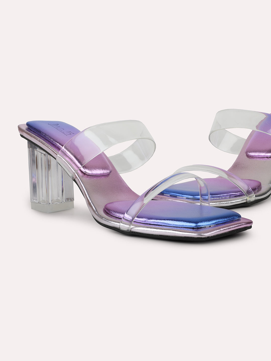 Women Purple Transparent Double Straps Open Toe Block Heels