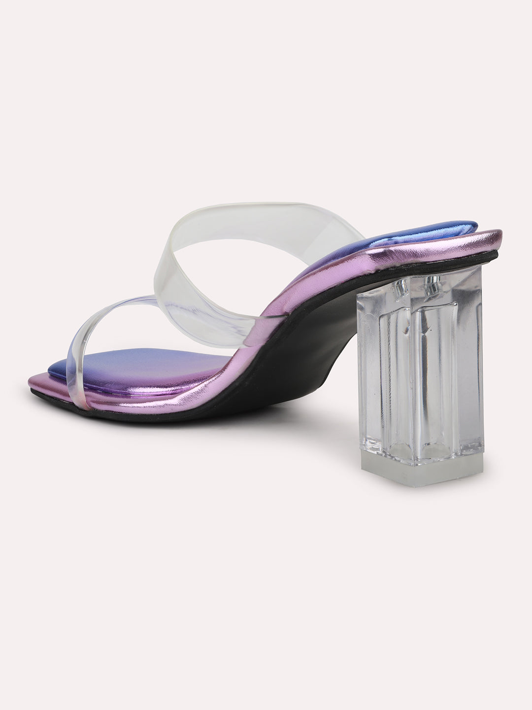 Women Purple Transparent Double Straps Open Toe Block Heels