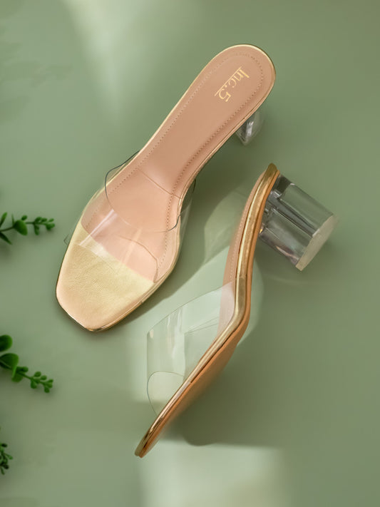 Womens Golden Casual Transparent Open toe Block Heel Mules