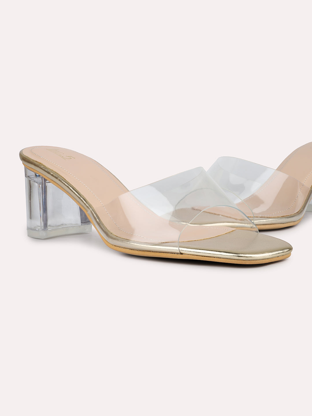 Womens Golden Casual Transparent Open toe Block Heel Mules