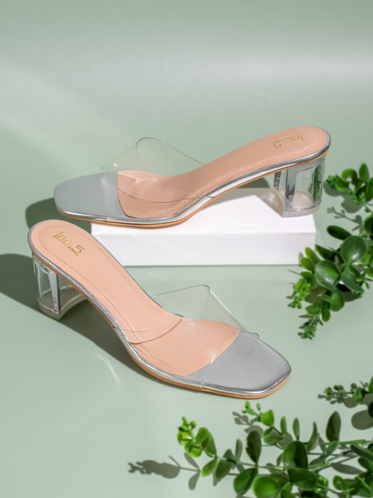 Womens Silver Casual Transparent Open toe Block Heel Mules