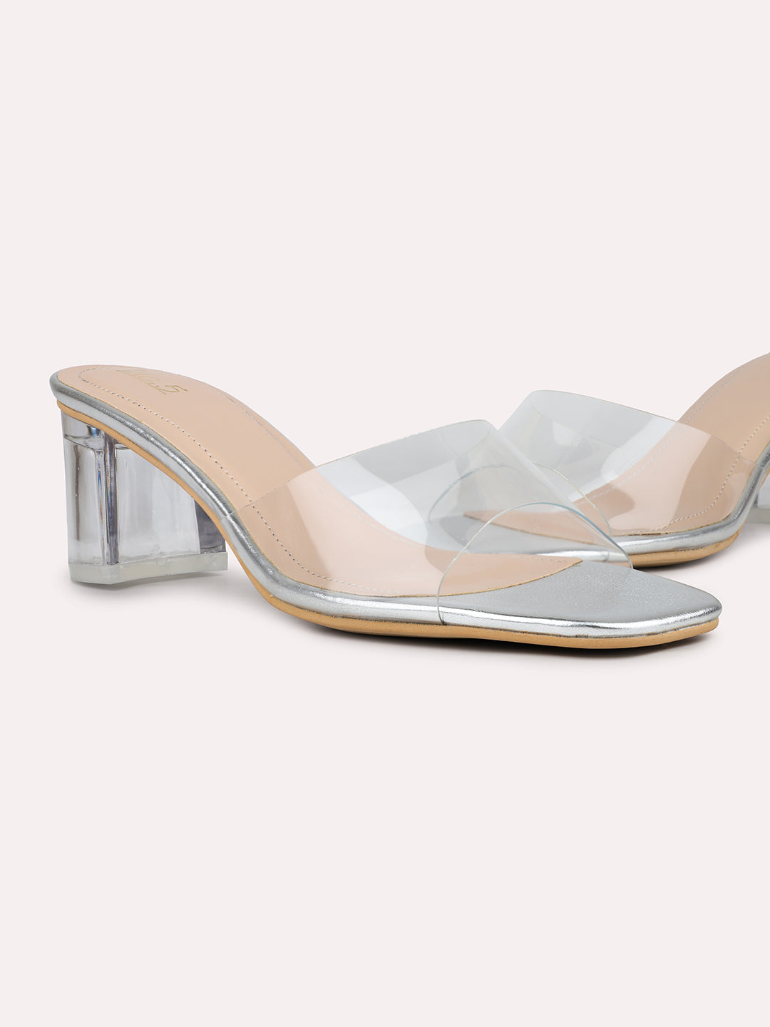 Womens Silver Casual Transparent Open toe Block Heel Mules