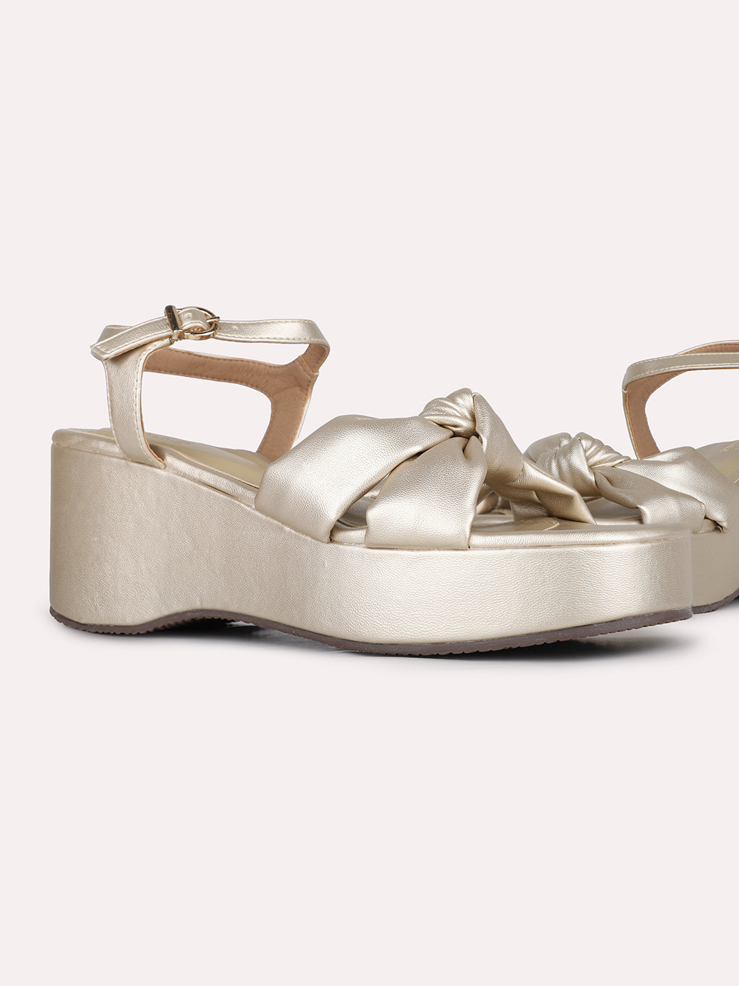 Women Golden Party Wear Solid Pattern Round Toe Wedge Heels