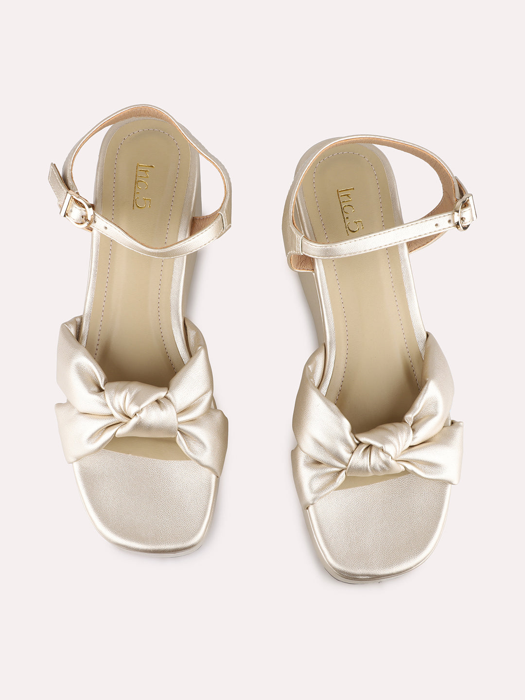 Women Golden Party Wear Solid Pattern Round Toe Wedge Heels