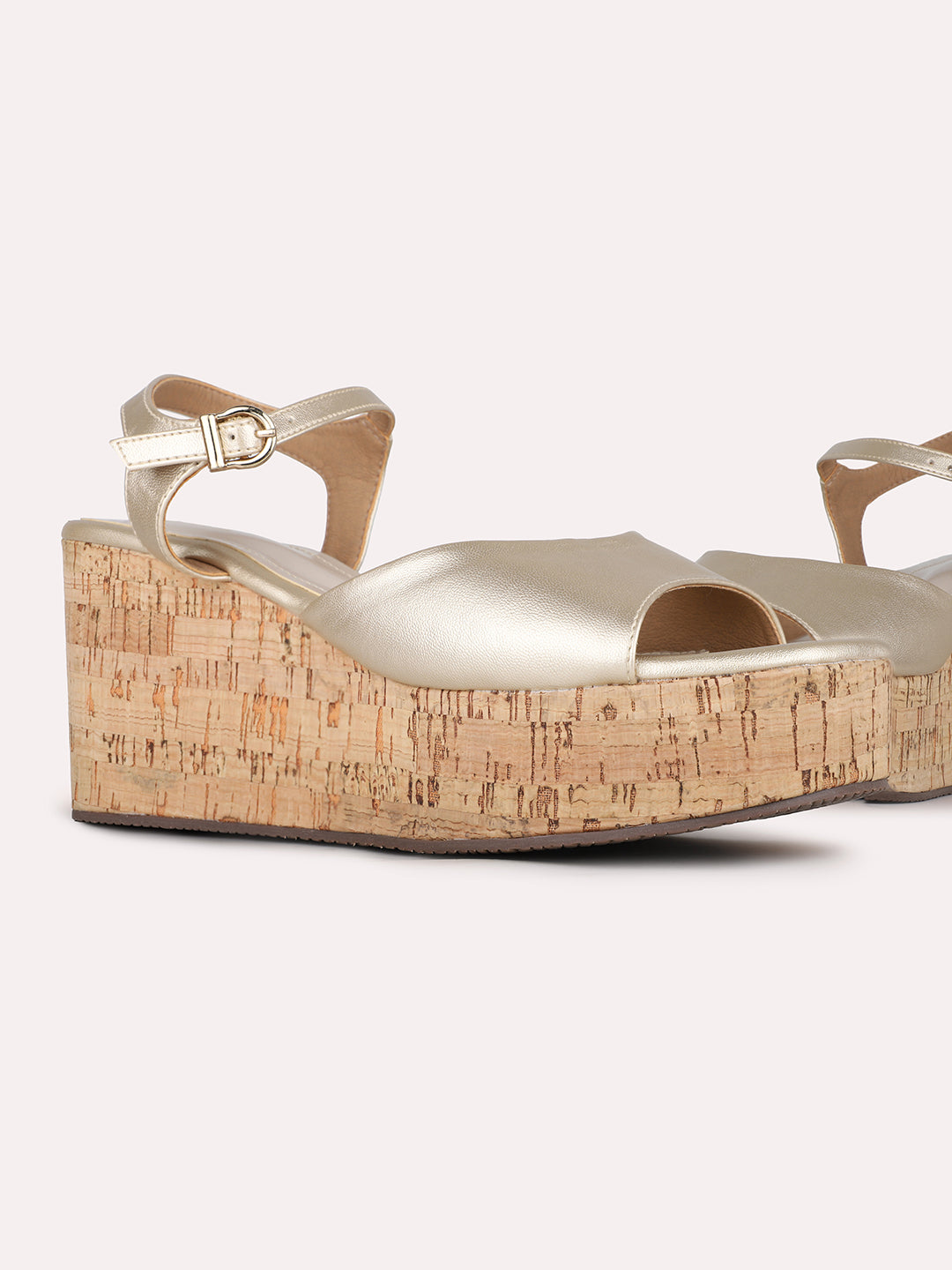 Women Golden Party Wear Solid Round Toe Wedge Heel Sandals