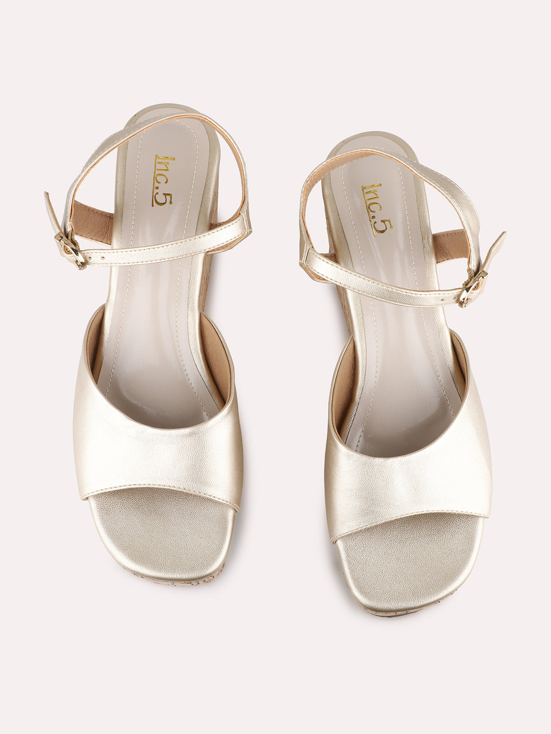 Women Golden Party Wear Solid Round Toe Wedge Heel Sandals