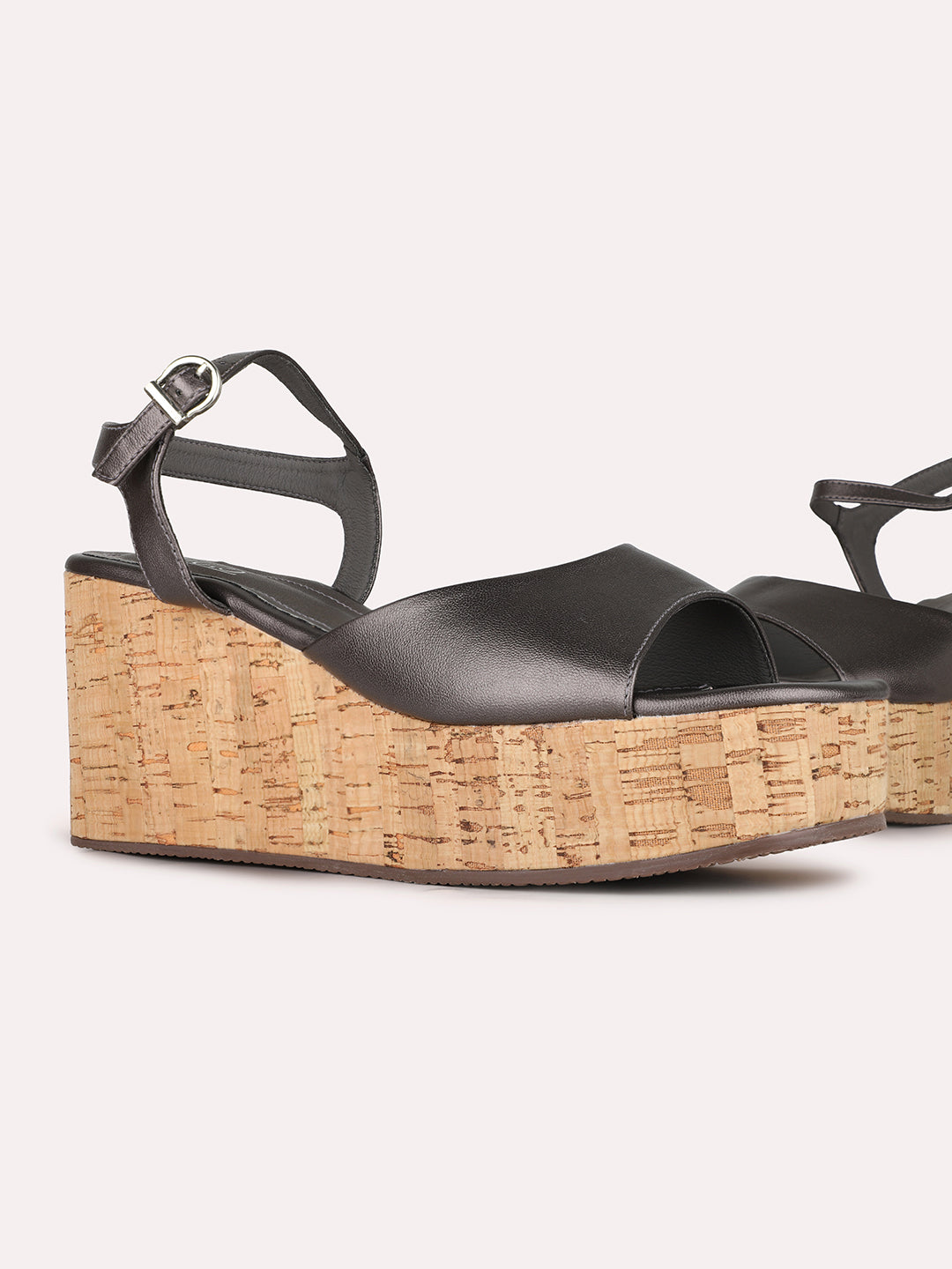 Women Pewter Party Wear Solid Pattern Round Toe Wedge Heel Sandals