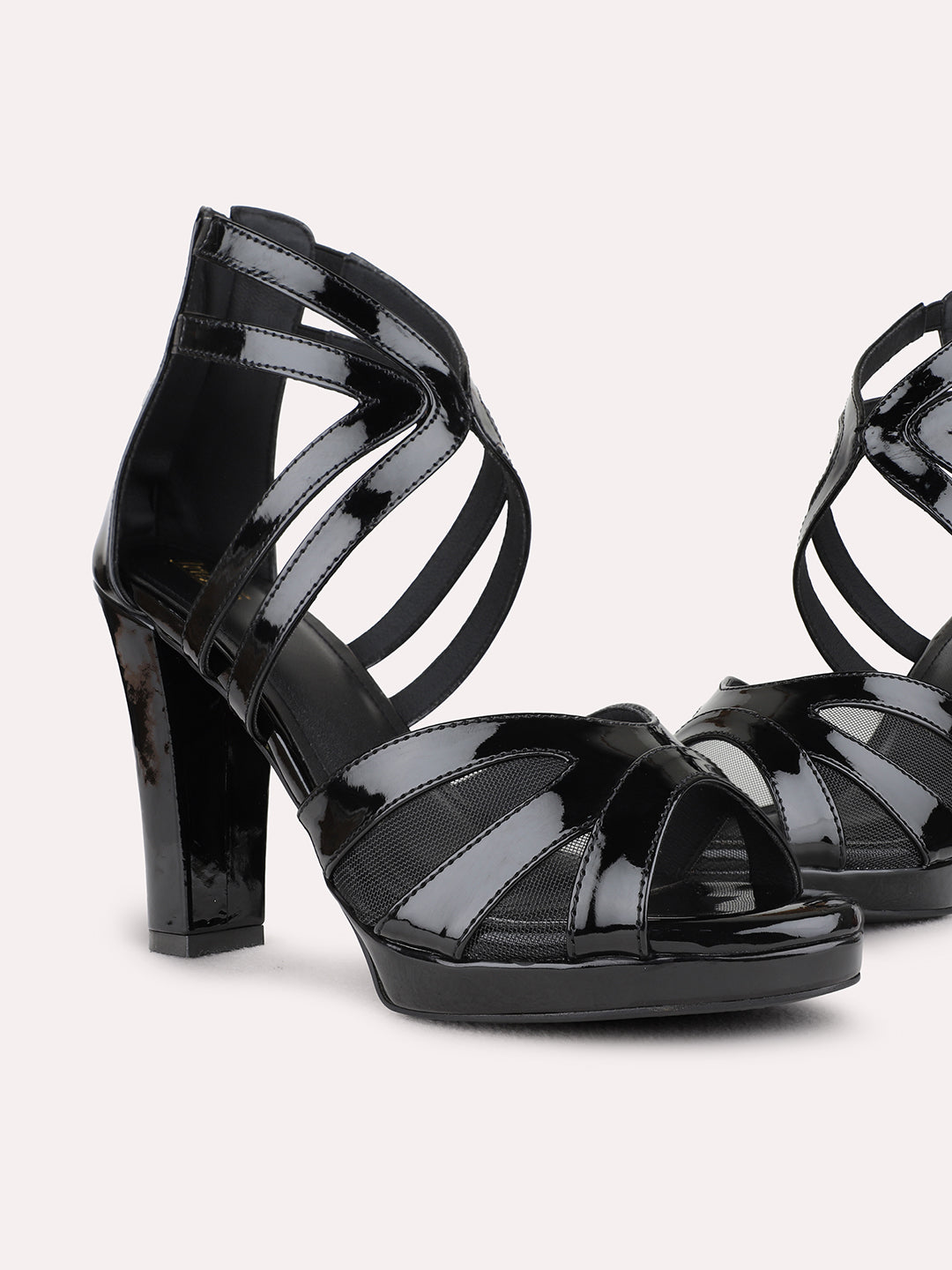 Womens Black Party Wear Striped Pattern Platform Heels