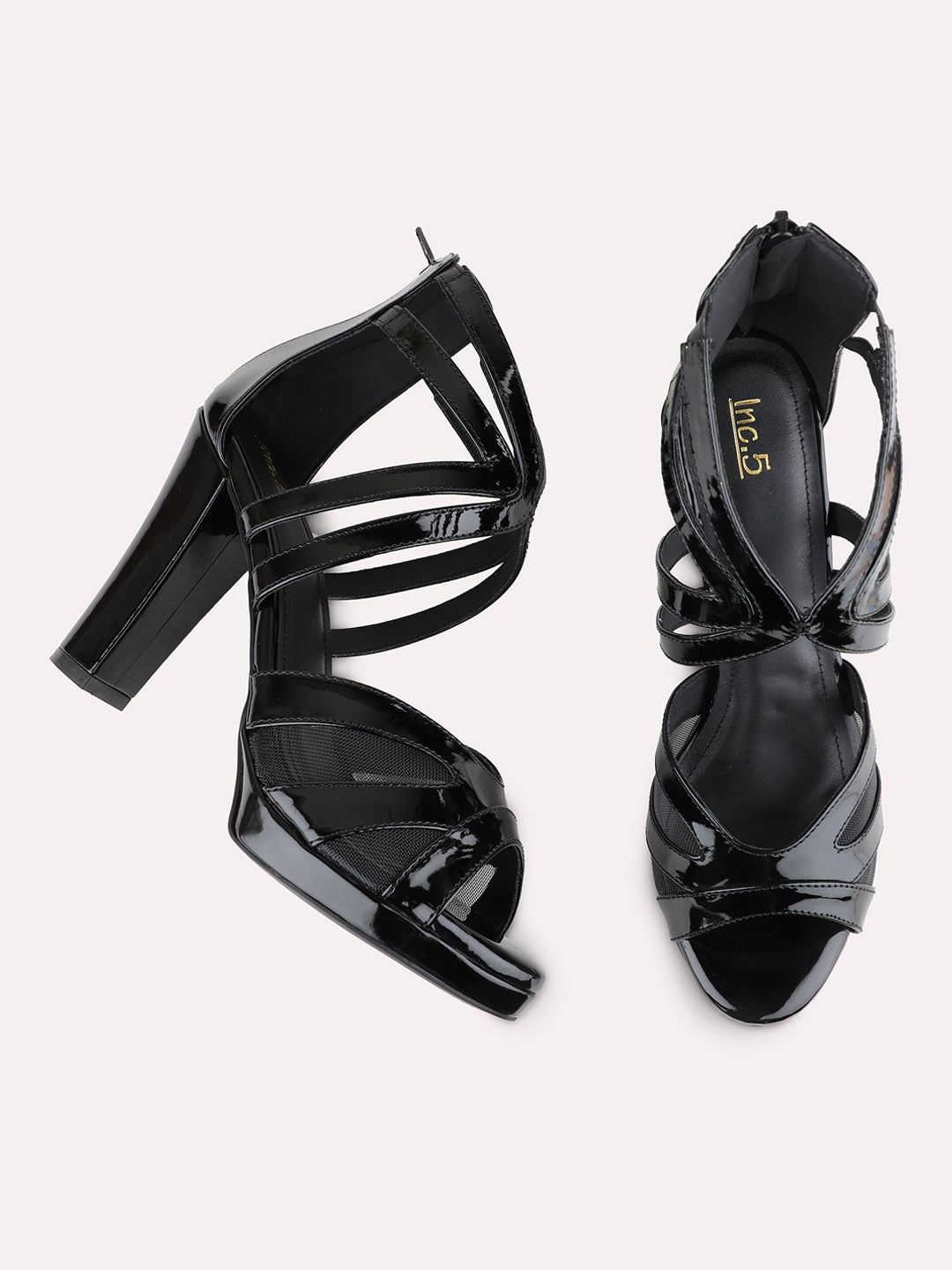 Womens Black Party Wear Striped Pattern Platform Heels