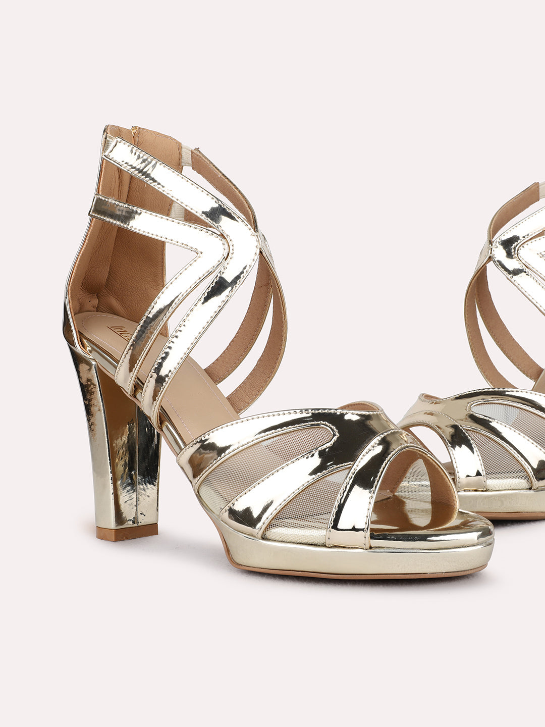 Womens Golden Party Wear Striped Platform Heels
