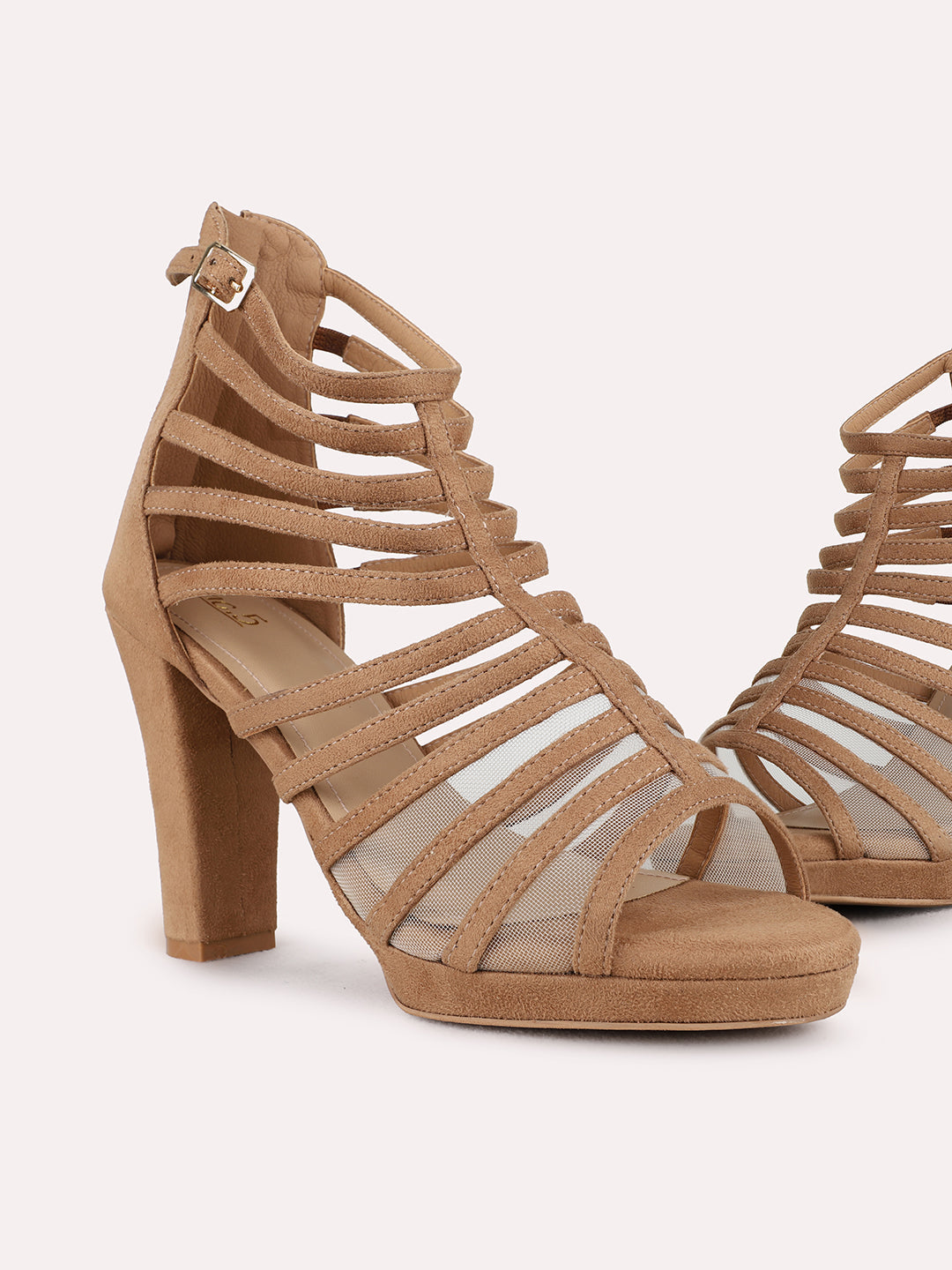 Womens Beige Party Wear Striped Platform Heel Sandals