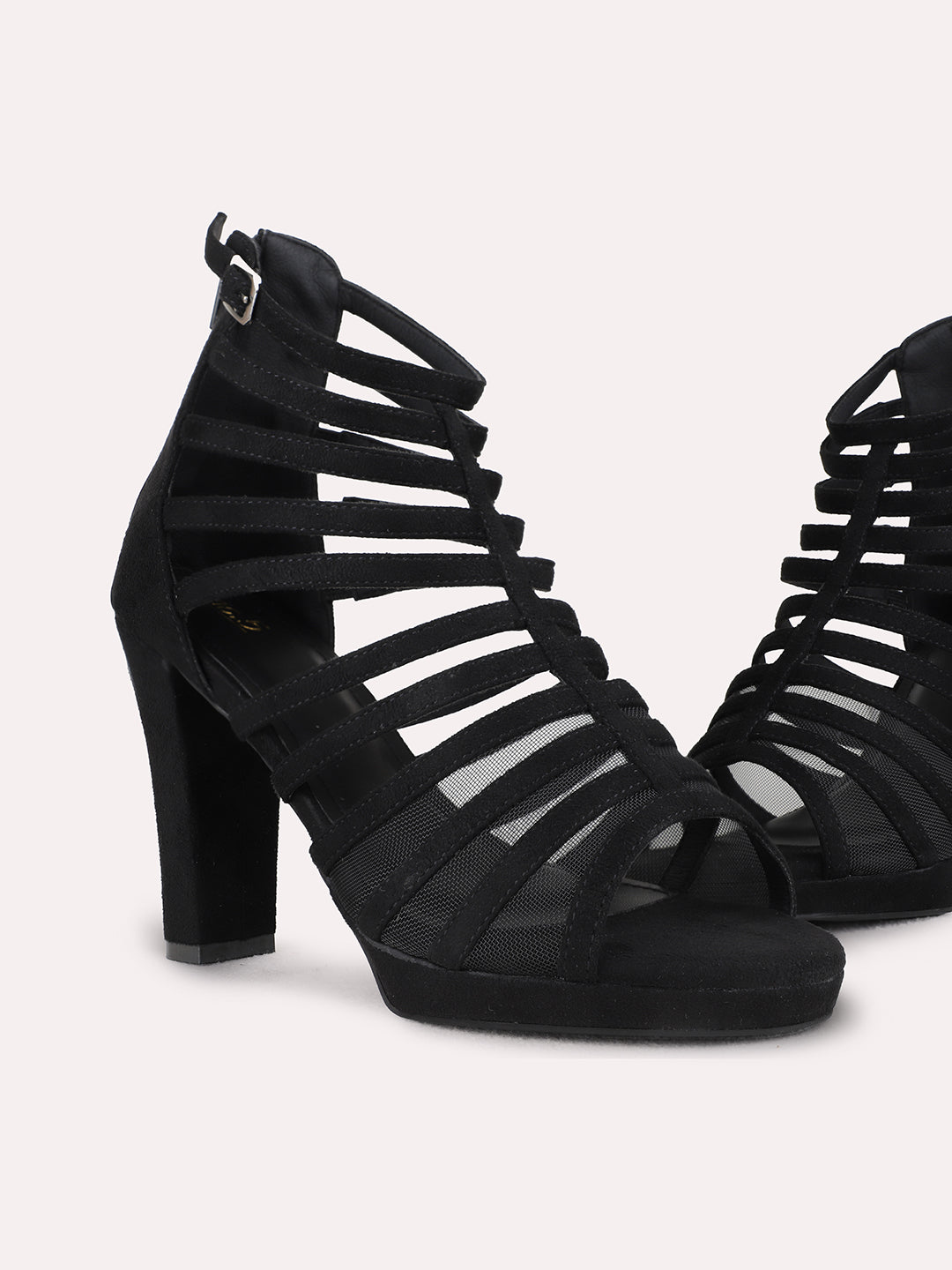 Womens Black Party Wear Striped Platform Heels