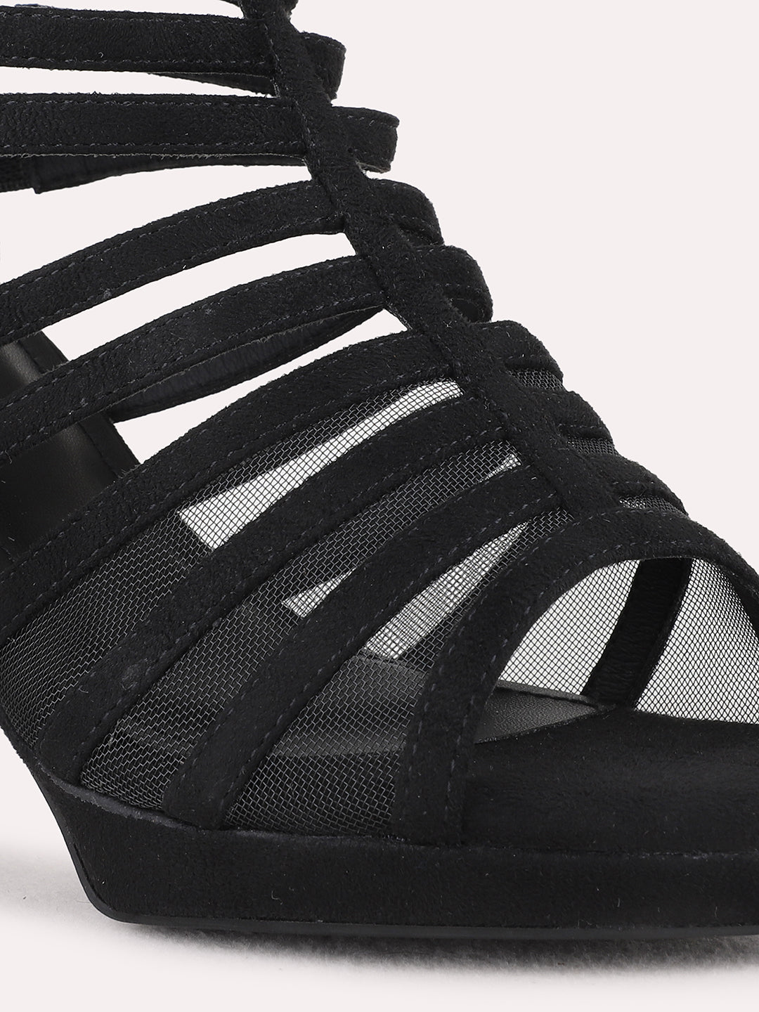 Womens Black Party Wear Striped Platform Heels