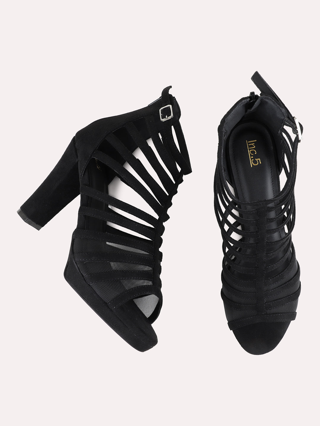 Womens Black Party Wear Striped Platform Heels