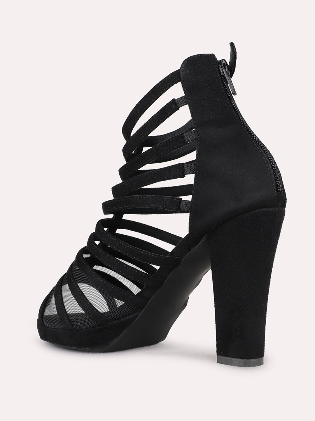Womens Black Party Wear Striped Platform Heels