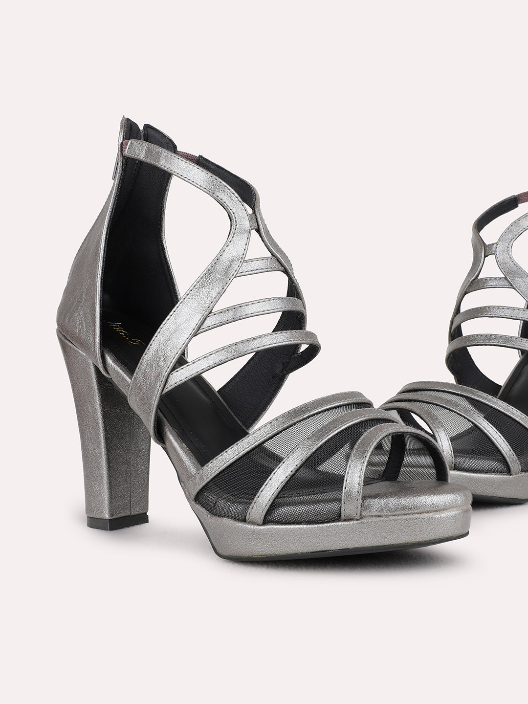 Womens Pewter Party Wear Striped Platform Heel Sandals