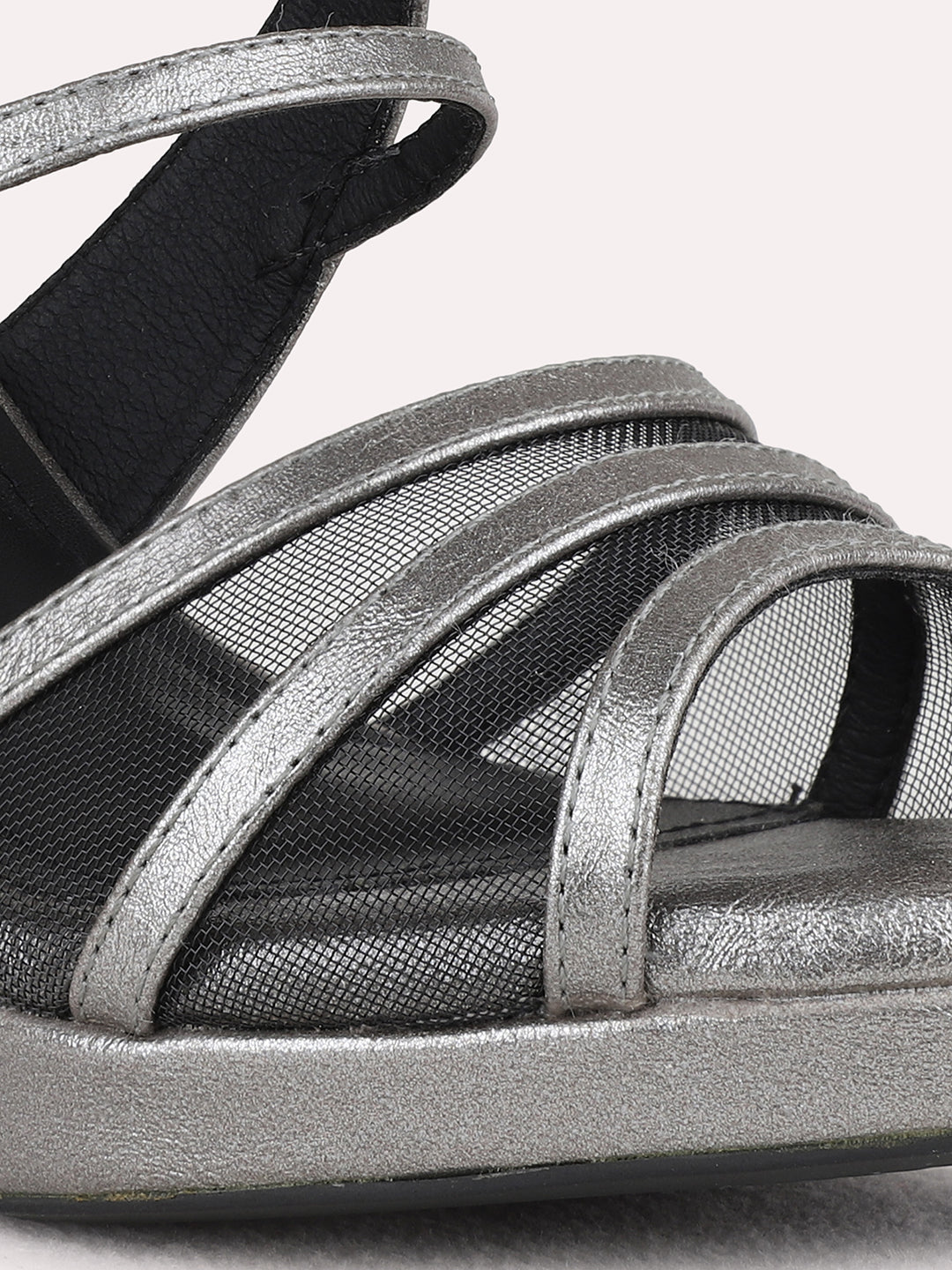 Womens Pewter Party Wear Striped Platform Heel Sandals