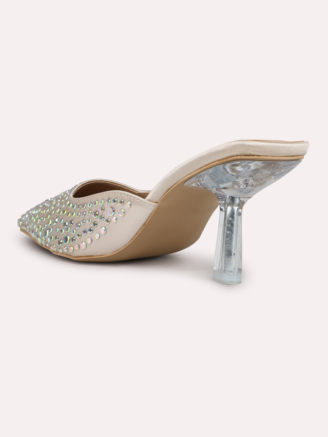 Women Gold Embellished Pointed Toe Party Stiletto Heeled Mules