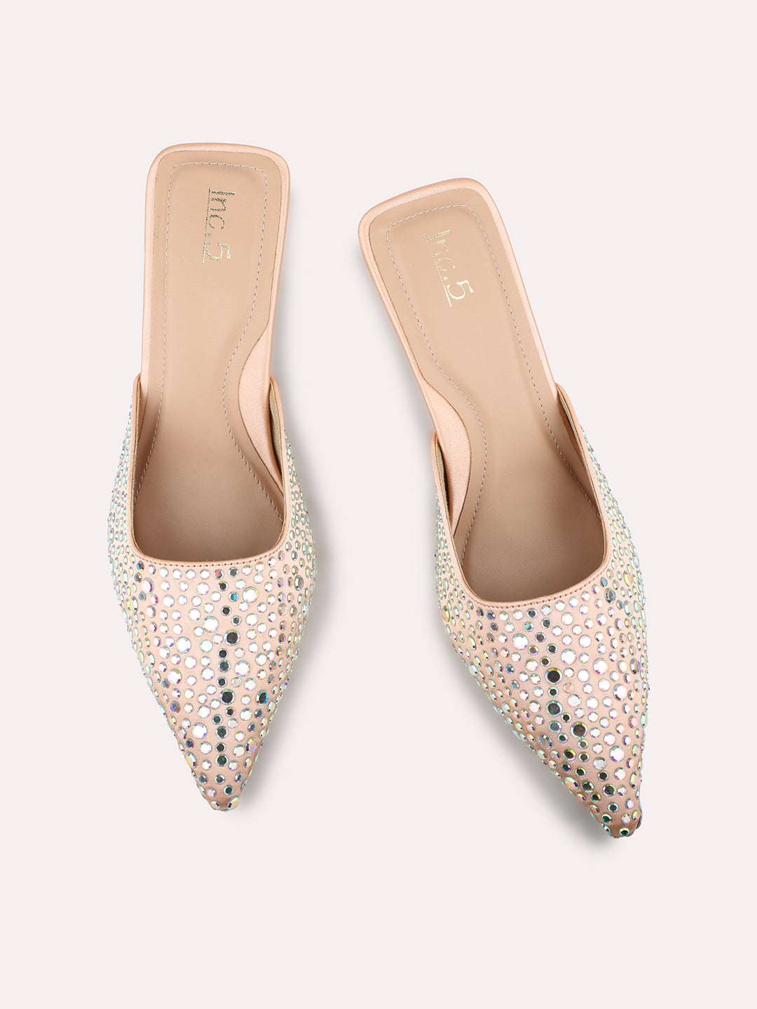 Women Rose Gold Embellished Pointed Toe Party Stiletto Heeled Mules