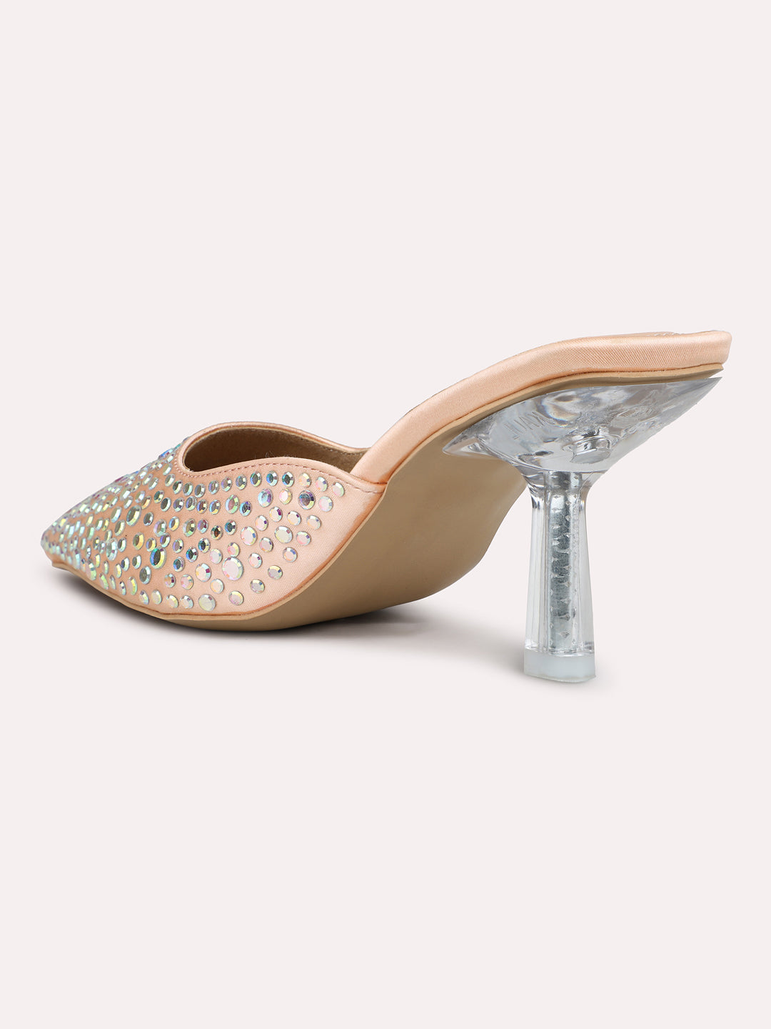 Women Rose Gold Embellished Pointed Toe Party Stiletto Heeled Mules