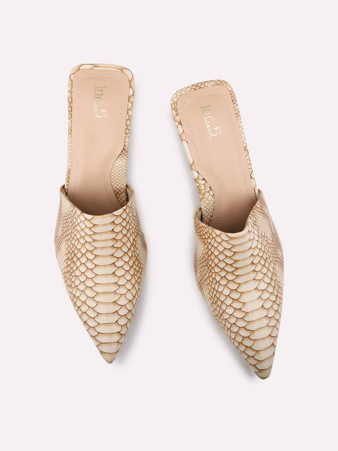 Women Beige Textured Pointed Toe Party Stiletto Heelsed Mules