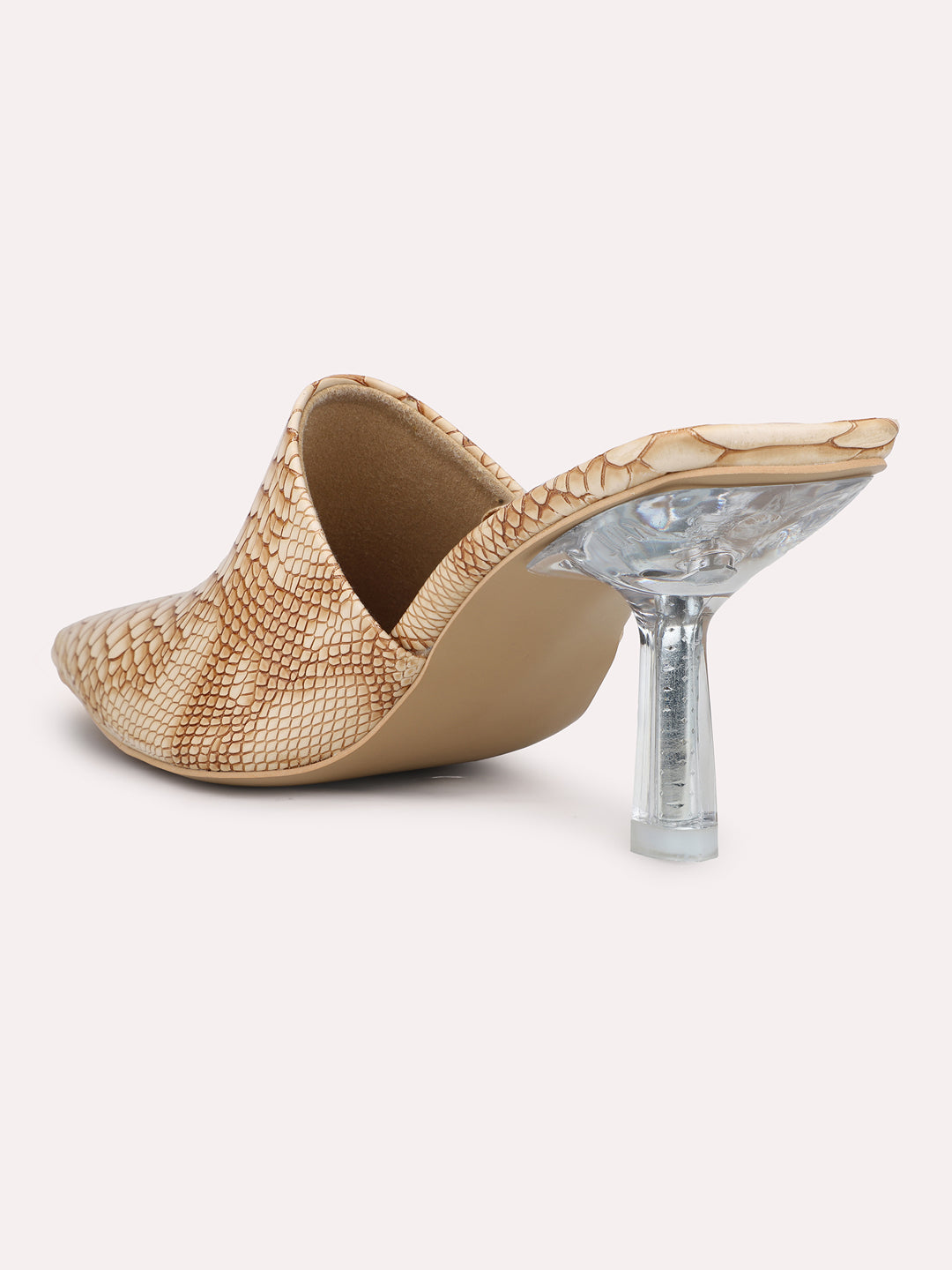 Women Beige Textured Pointed Toe Party Stiletto Heeled Mules