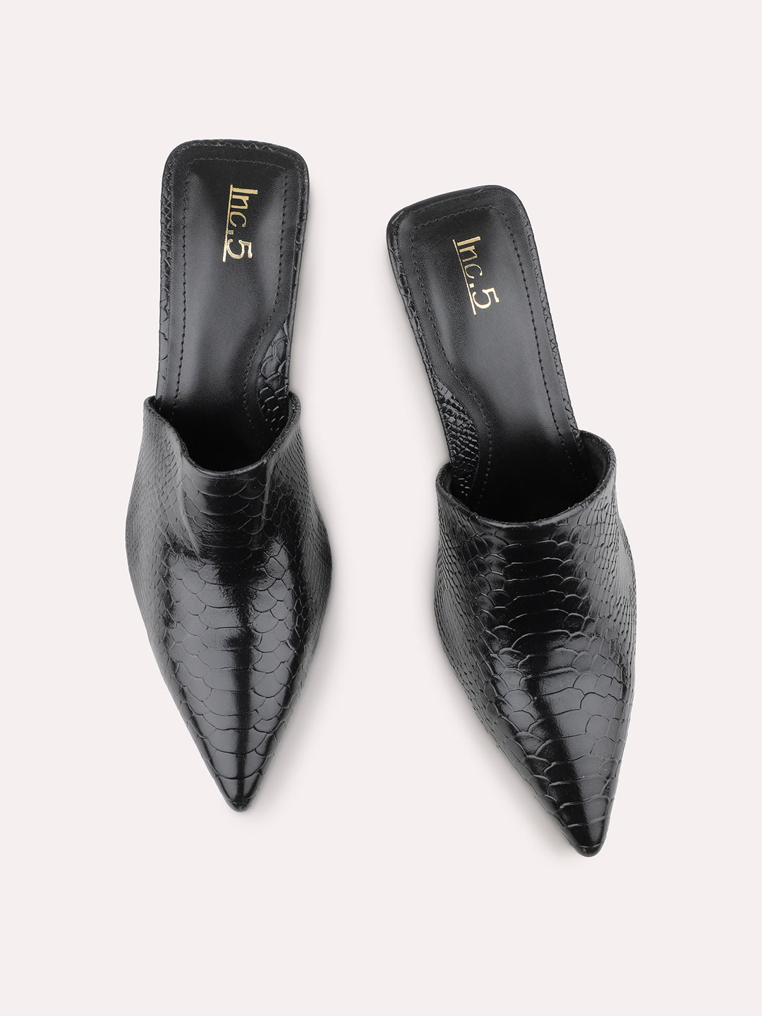 Women Black Textured Pointed Toe Party Stiletto Heeled Mules