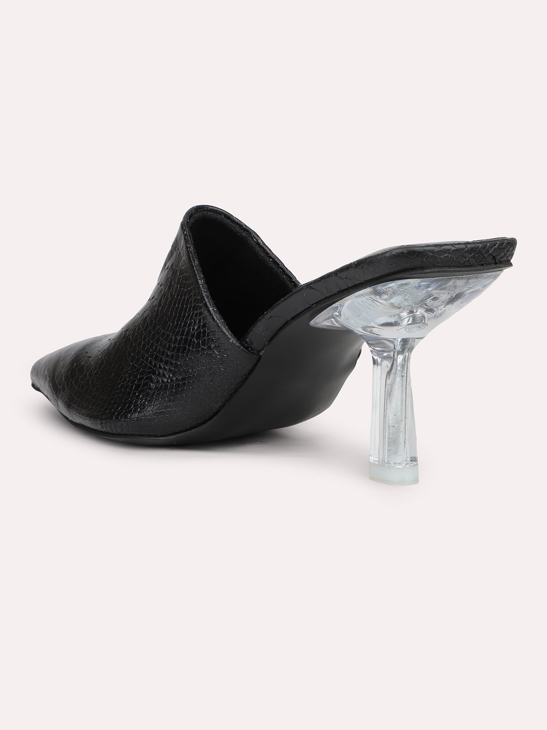 Women Black Textured Pointed Toe Party Stiletto Heeled Mules