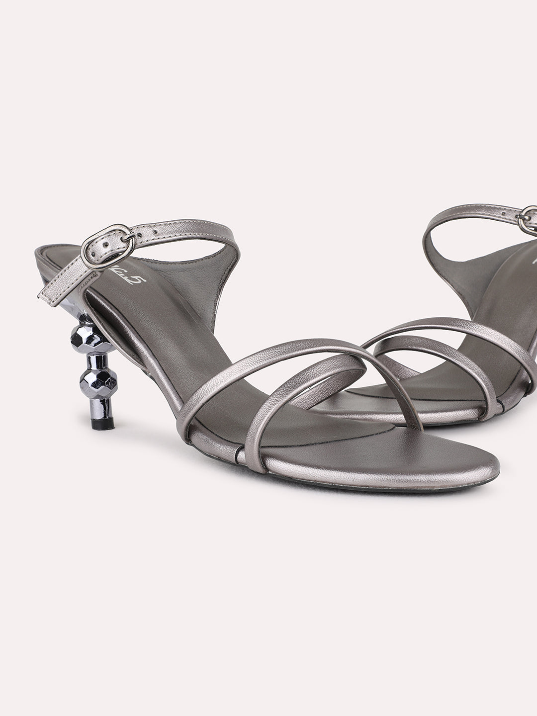 Womens Pewter Party Wear Solid Round Toe Kitten Heel Sandals