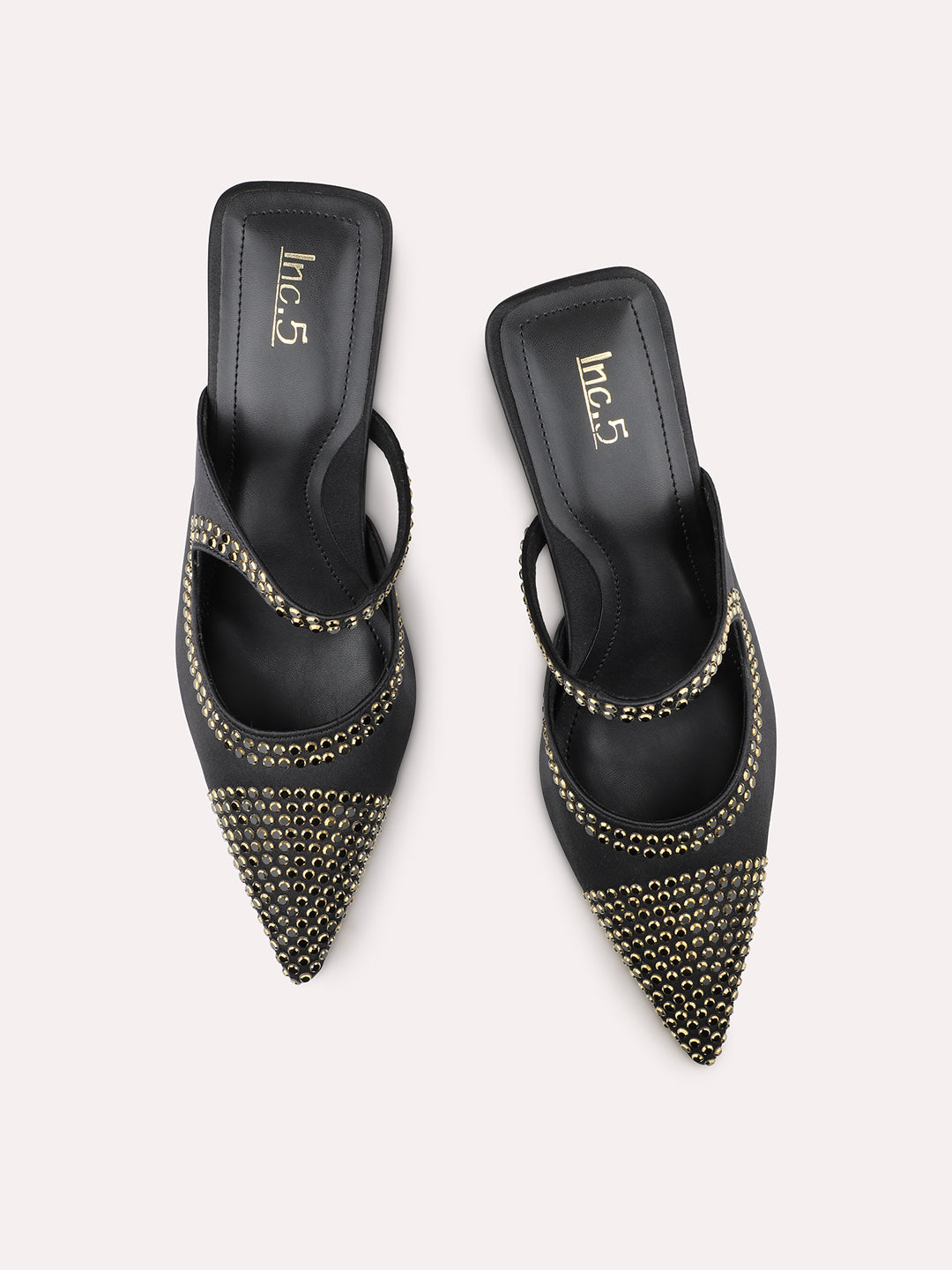 Women Black Pointed Toe Embellished Party Stiletto Mules