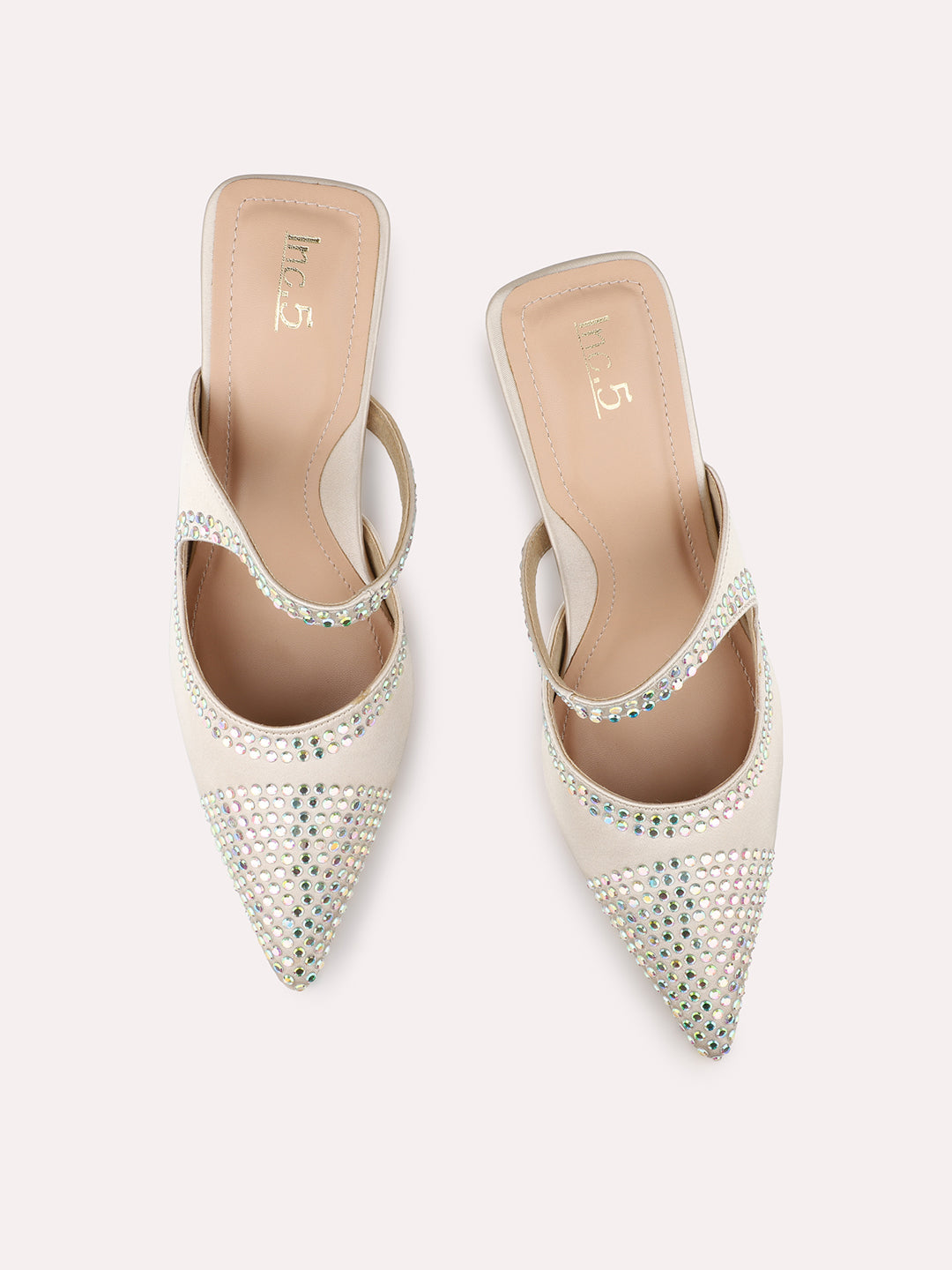 Women Gold Pointed Toe Embellished Party Stiletto Mules