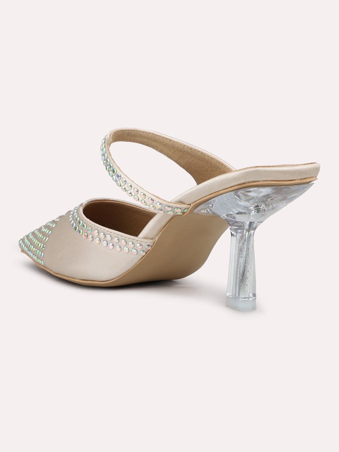 Women Gold Pointed Toe Embellished Party Stiletto Mules