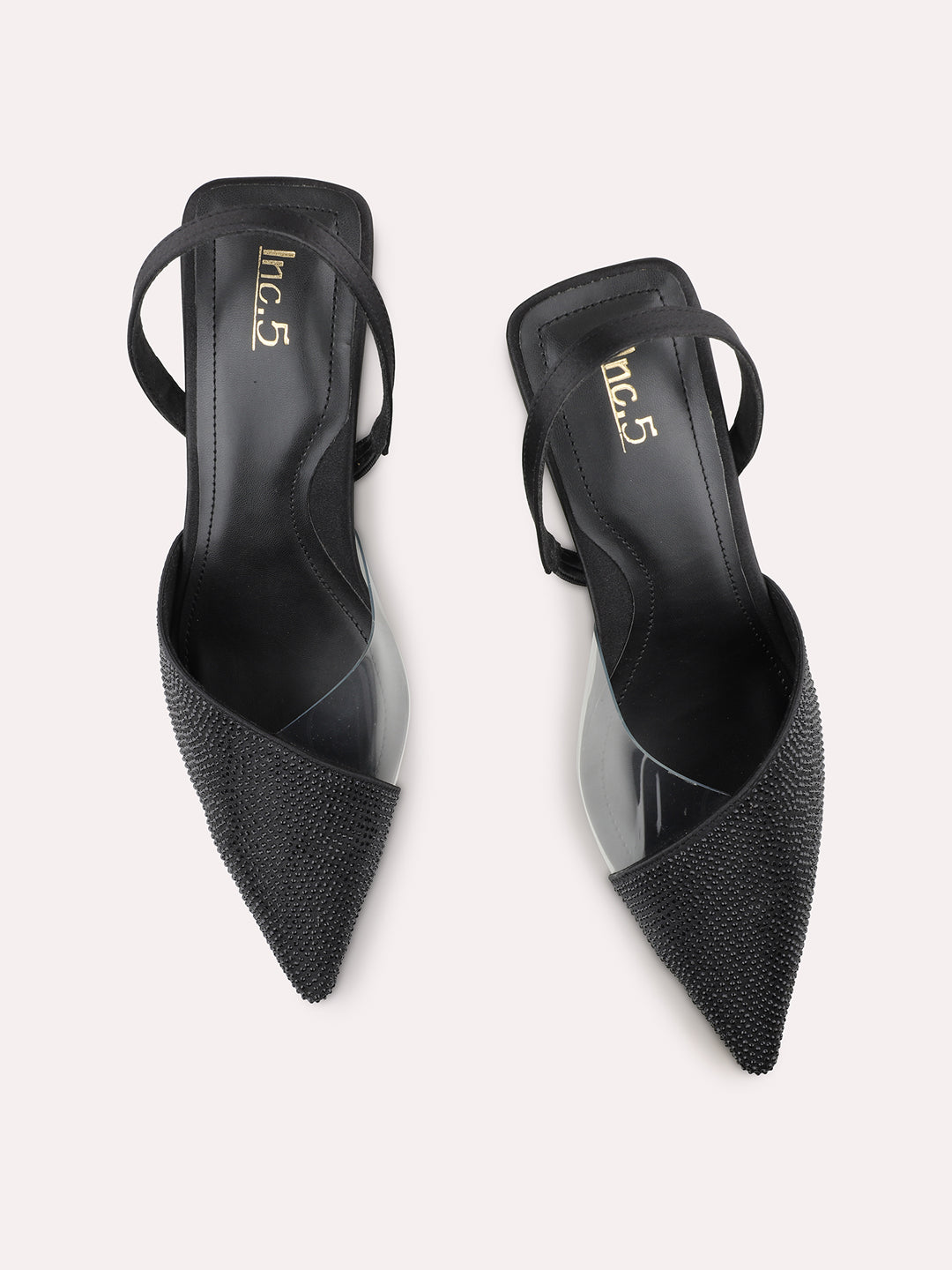 Women Black Pointed Toe Embellished Party Stiletto Mules