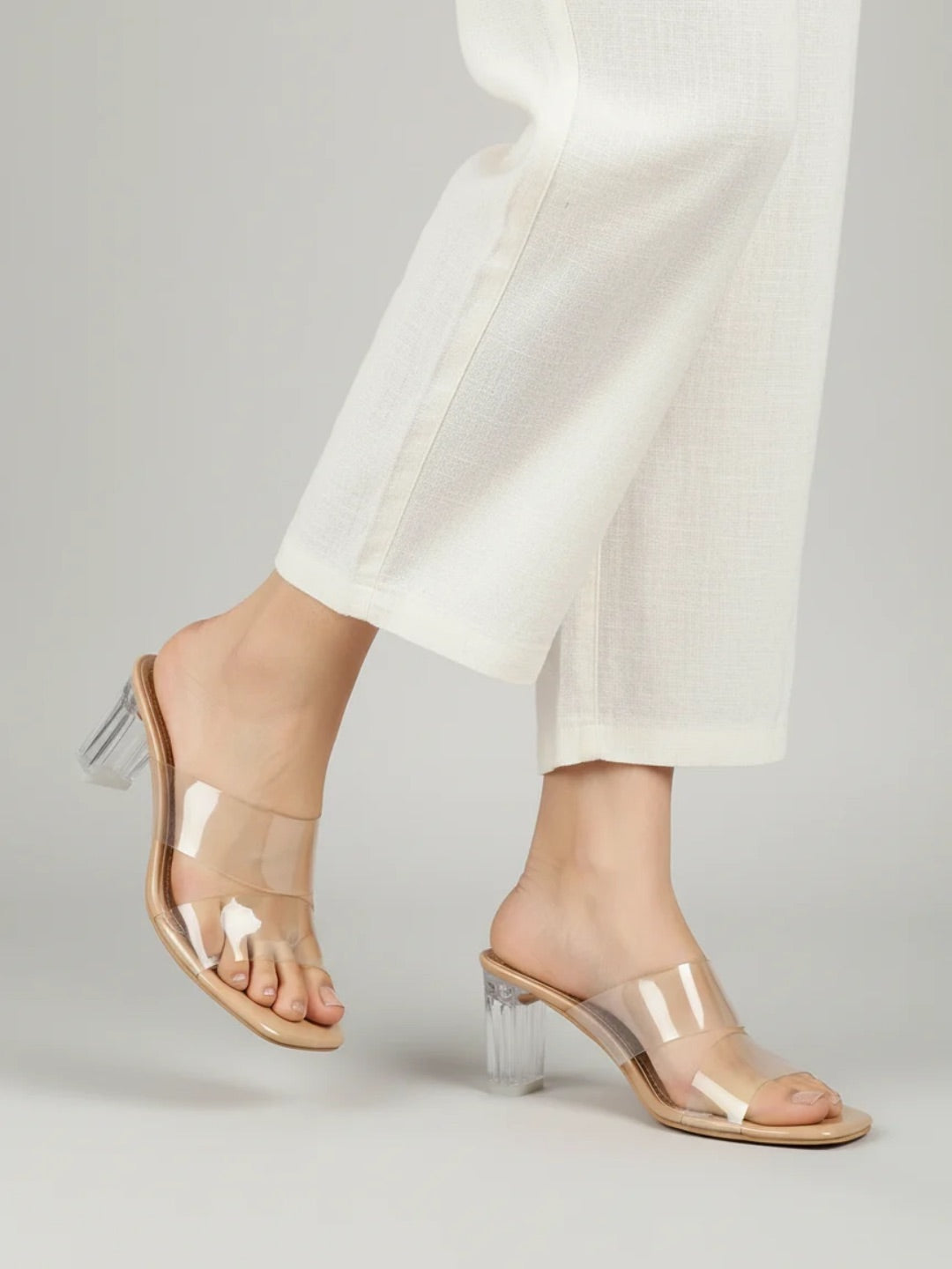 Womens Beige Party Wear Transparent Open Toe Heels
