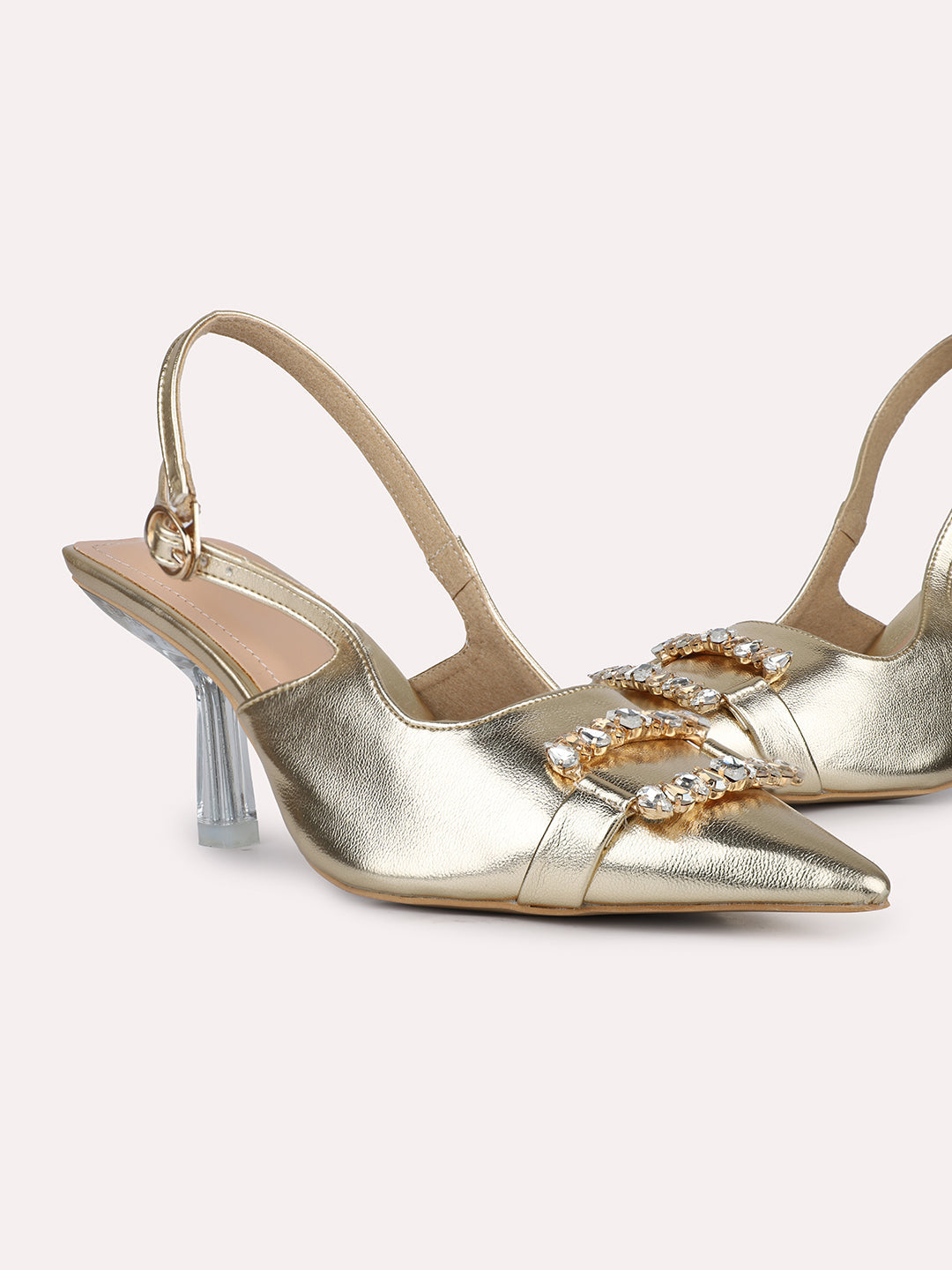 Women Gold Diamante Pointed Toe Embellished Stiletto Mules With Backstrap