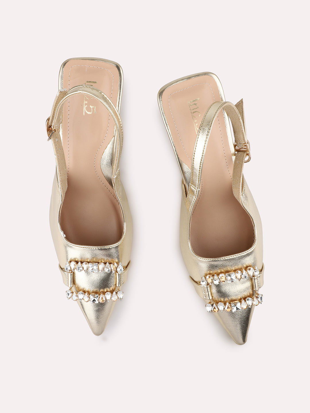 Women Gold Diamante Pointed Toe Embellished Stiletto Mules With Backstrap