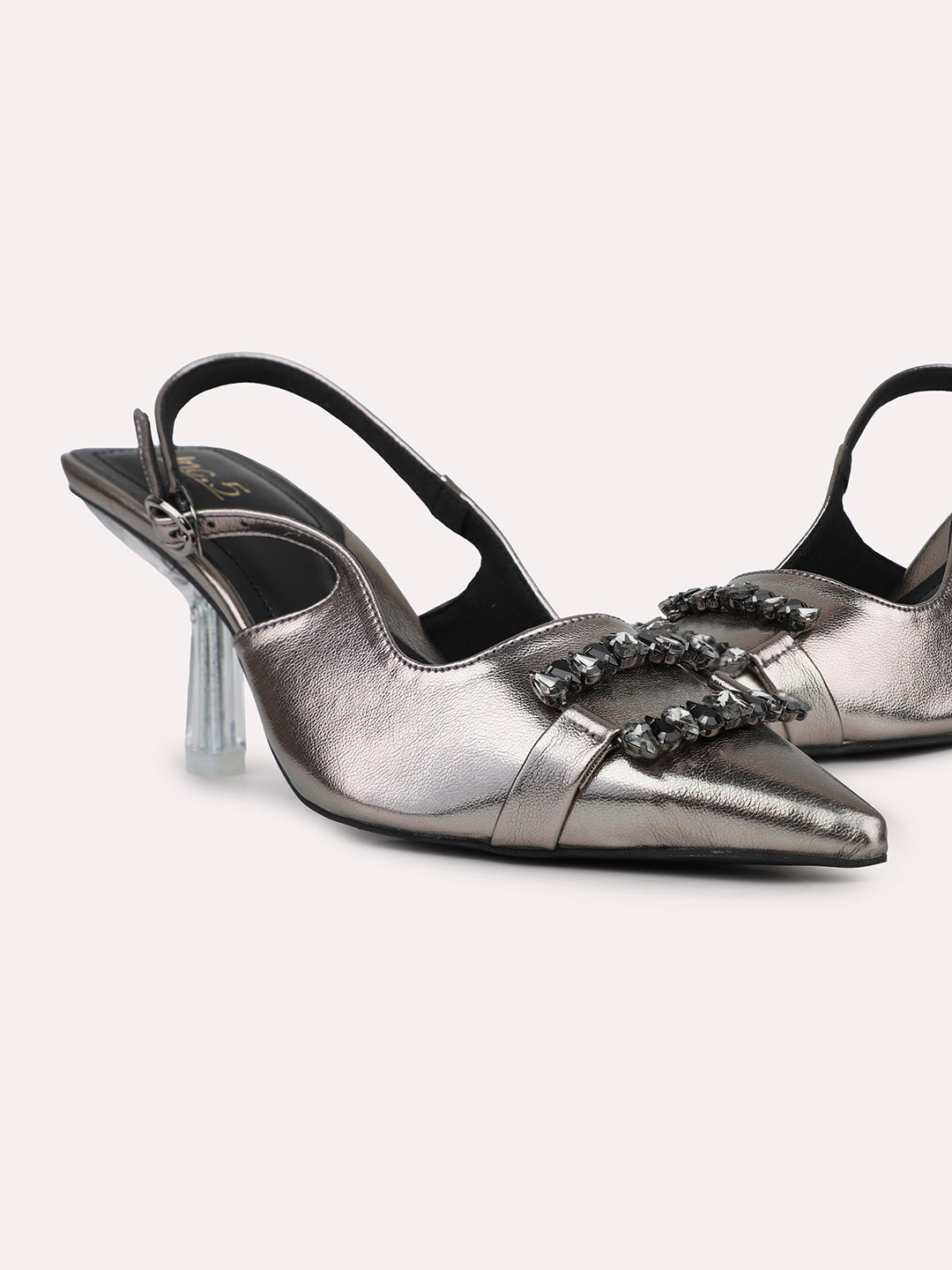 Women Pewter Diamante Pointed Toe Embellished Stiletto Mules With Backstrap