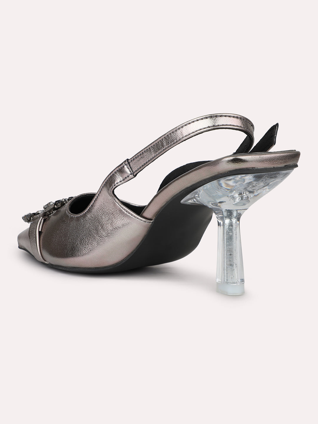 Women Pewter Diamante Pointed Toe Embellished Stiletto Mules With Backstrap