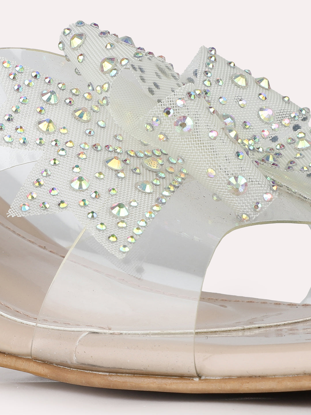 Women Beige Party Wear Transparent Square Toe Block Heels