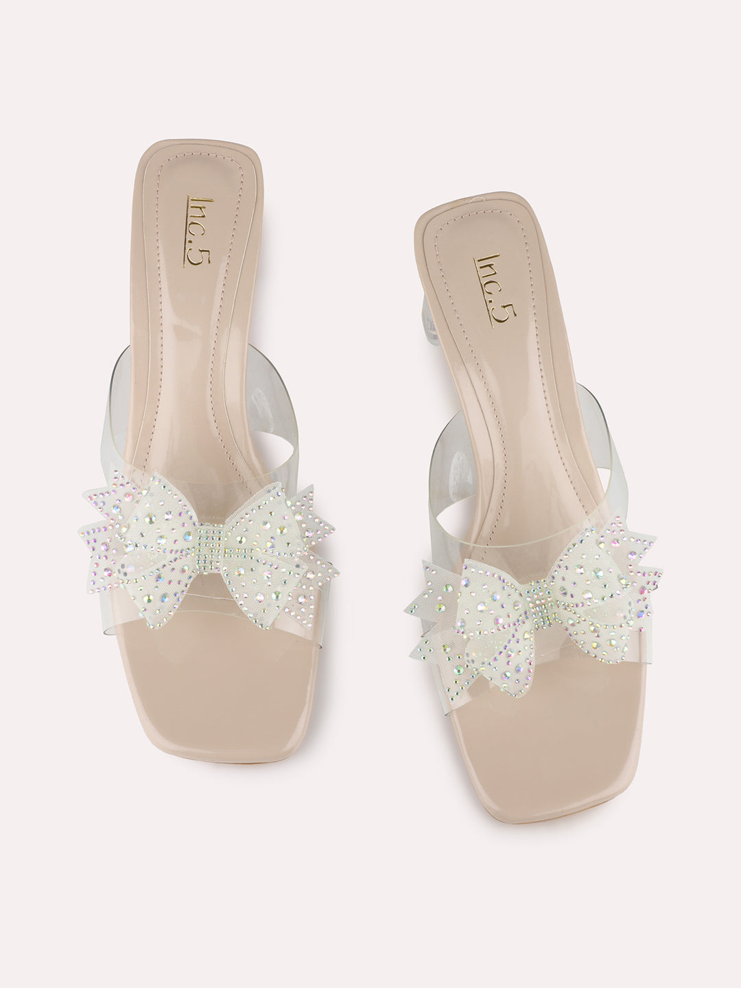 Women Beige Party Wear Transparent Square Toe Block Heels
