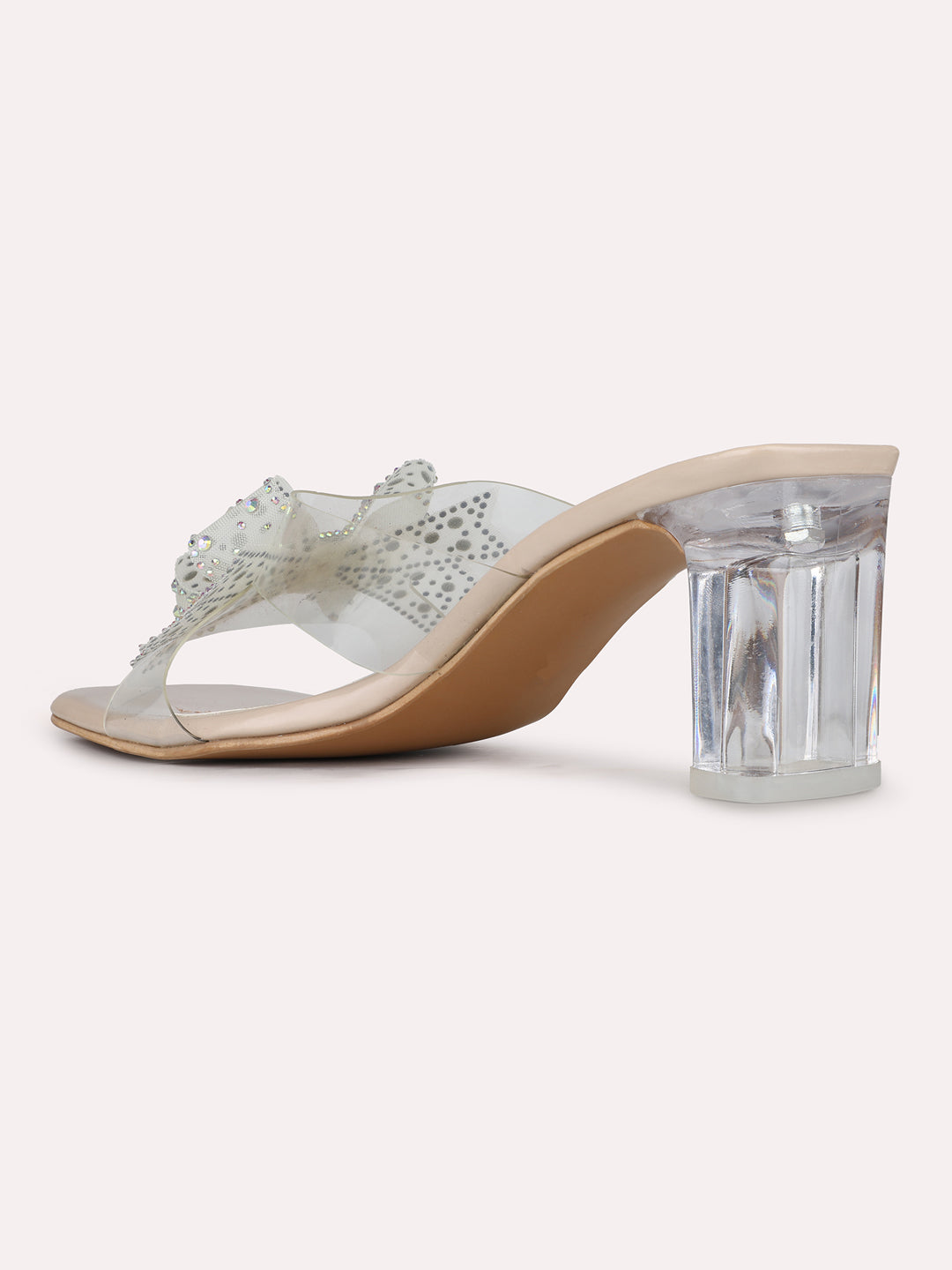 Women Beige Party Wear Transparent Square Toe Block Heel Sandals