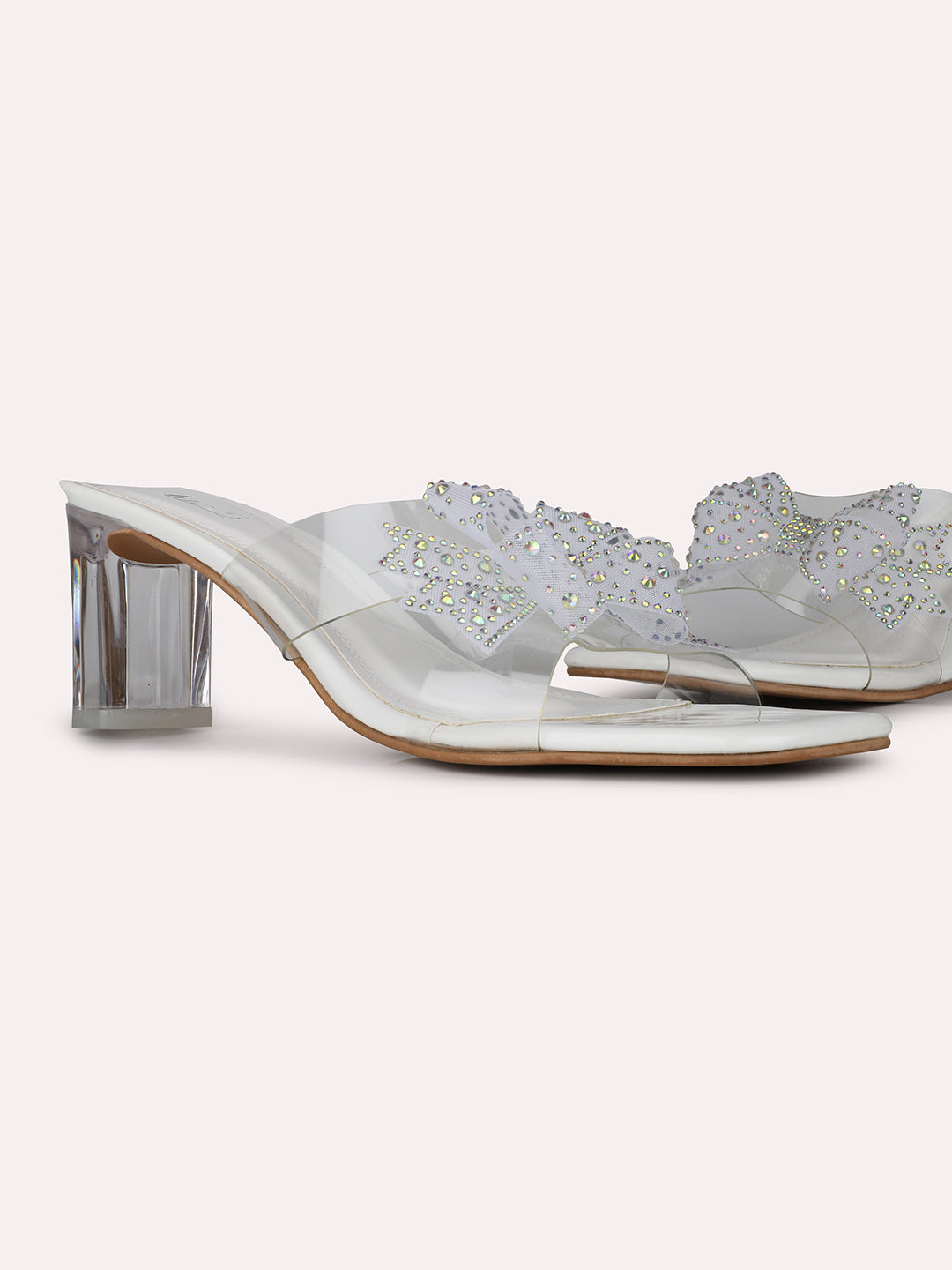 Women White Party Wear Transparent Square Toe Block Heel Sandals