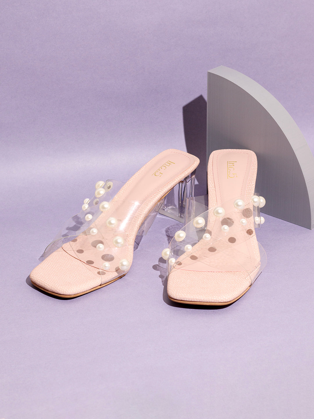 Womens Peach Party Wear Transparent Square Toe Heel Sandals