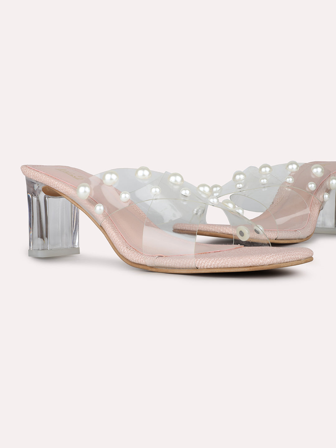 Womens Peach Party Wear Transparent Square Toe Heel Sandals